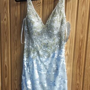 Dave & Johnny Blue and Gold Sequin Prom Dress